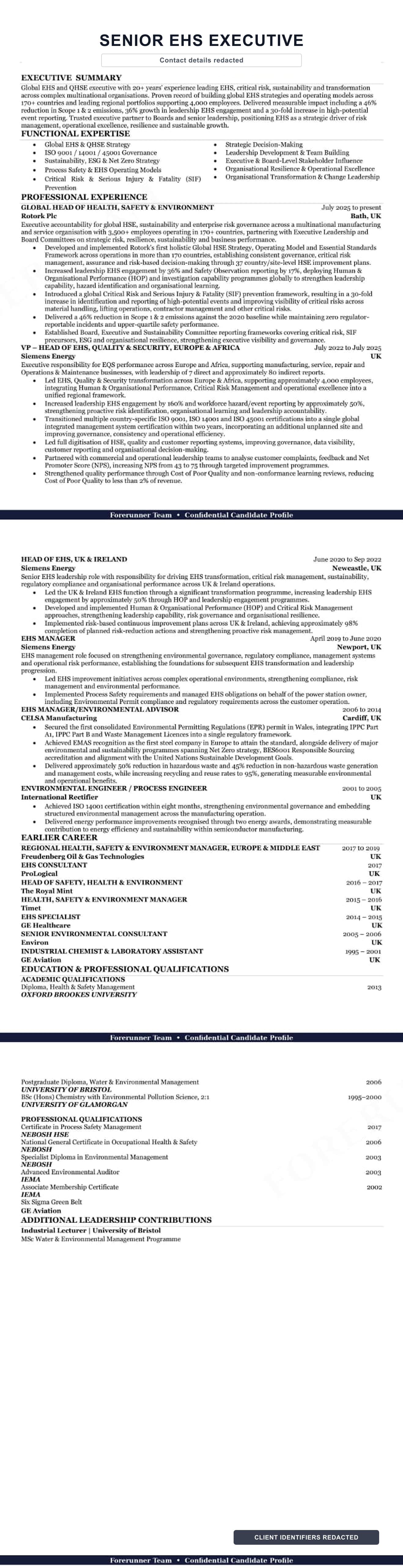 Anonymized preview of an executive EHS leadership resume sample.