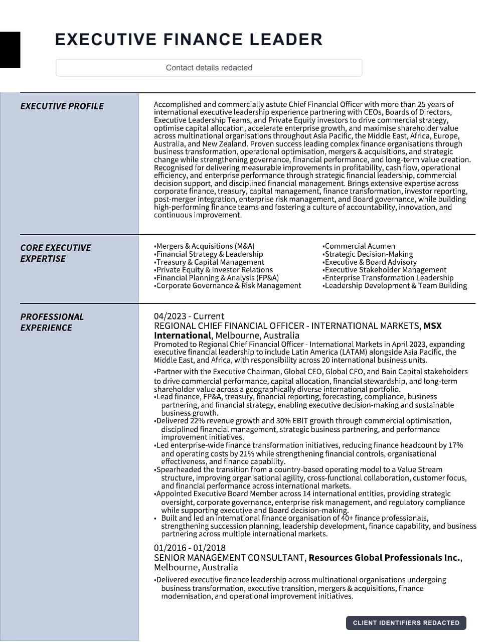 Anonymized preview of an executive finance leadership resume sample.