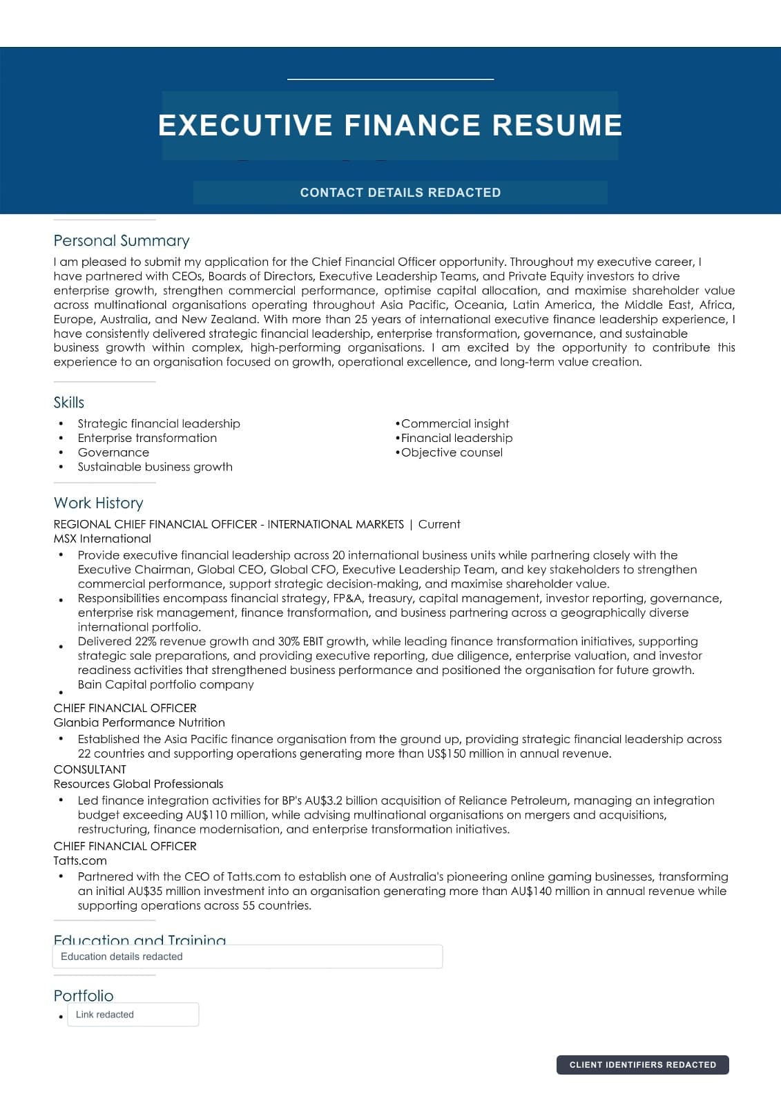 Anonymized preview of an executive finance resume sample.