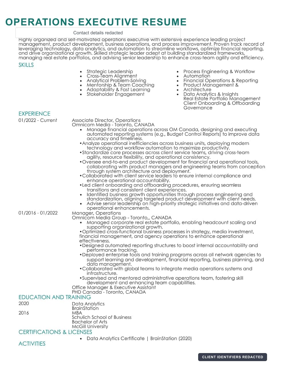 Anonymized preview of an operations leadership resume sample.