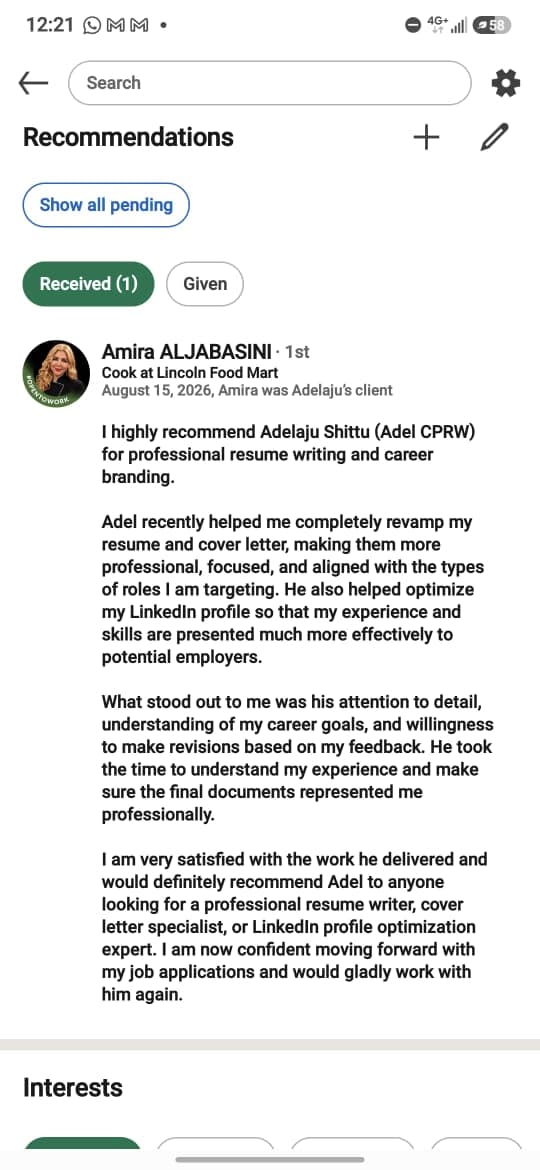 LinkedIn recommendation screenshot from Amira for resume writing, cover letter, and LinkedIn optimization support.