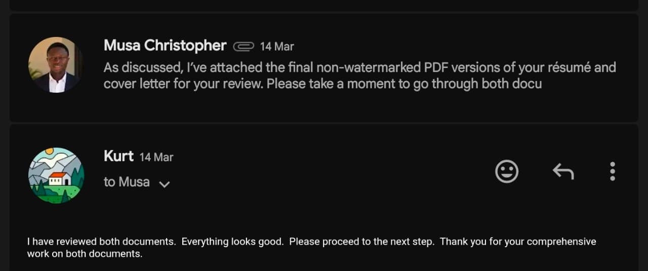Email reply screenshot from Kurt confirming final resume and cover letter documents were reviewed.