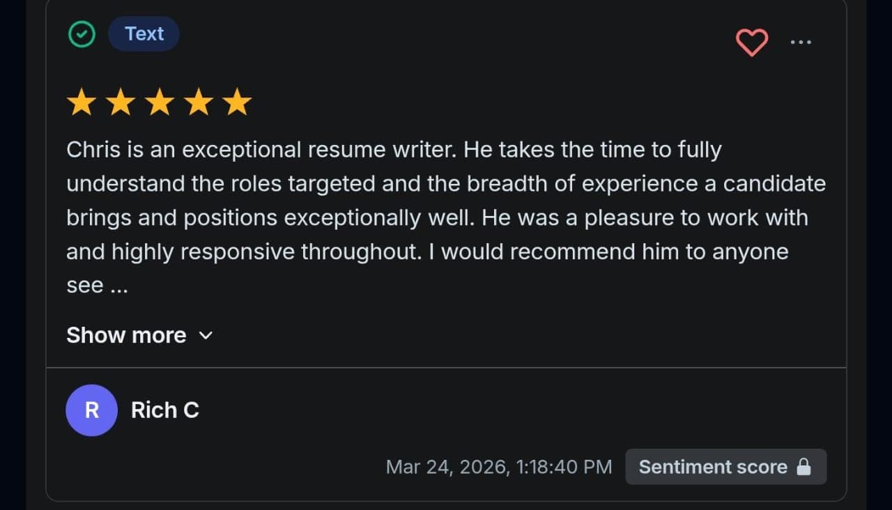 Five-star written testimonial screenshot from Rich C for resume writing support.
