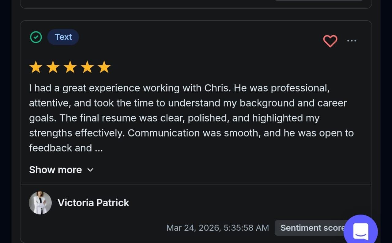Five-star written testimonial screenshot from Victoria Patrick for resume support.
