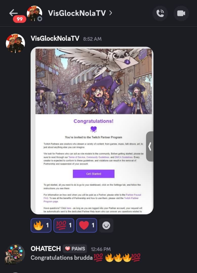 Discord screenshot showing a Twitch Partner Program invitation for VisGlockNolaTV.