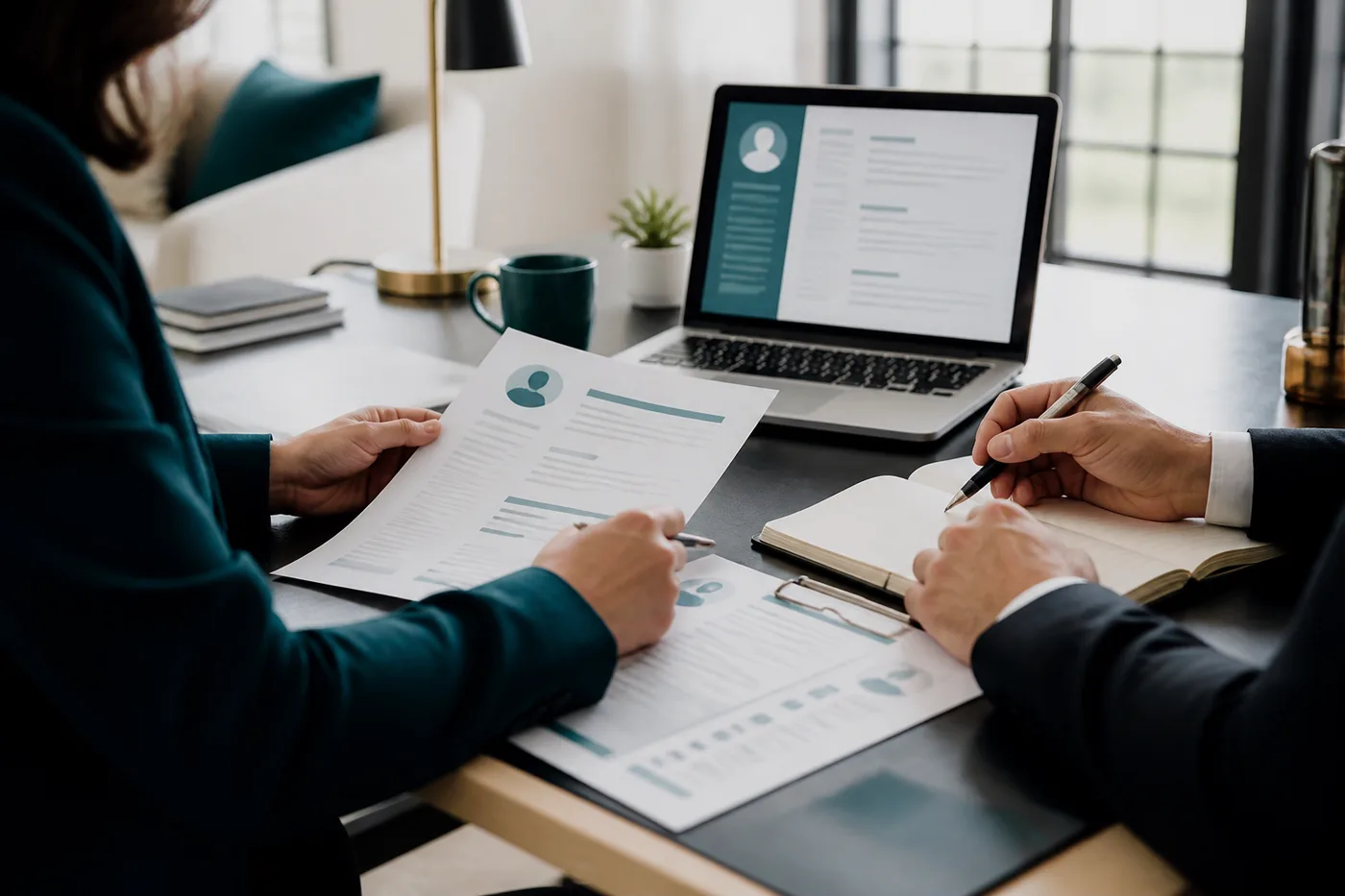 Career strategy workspace with resume documents and a profile screen