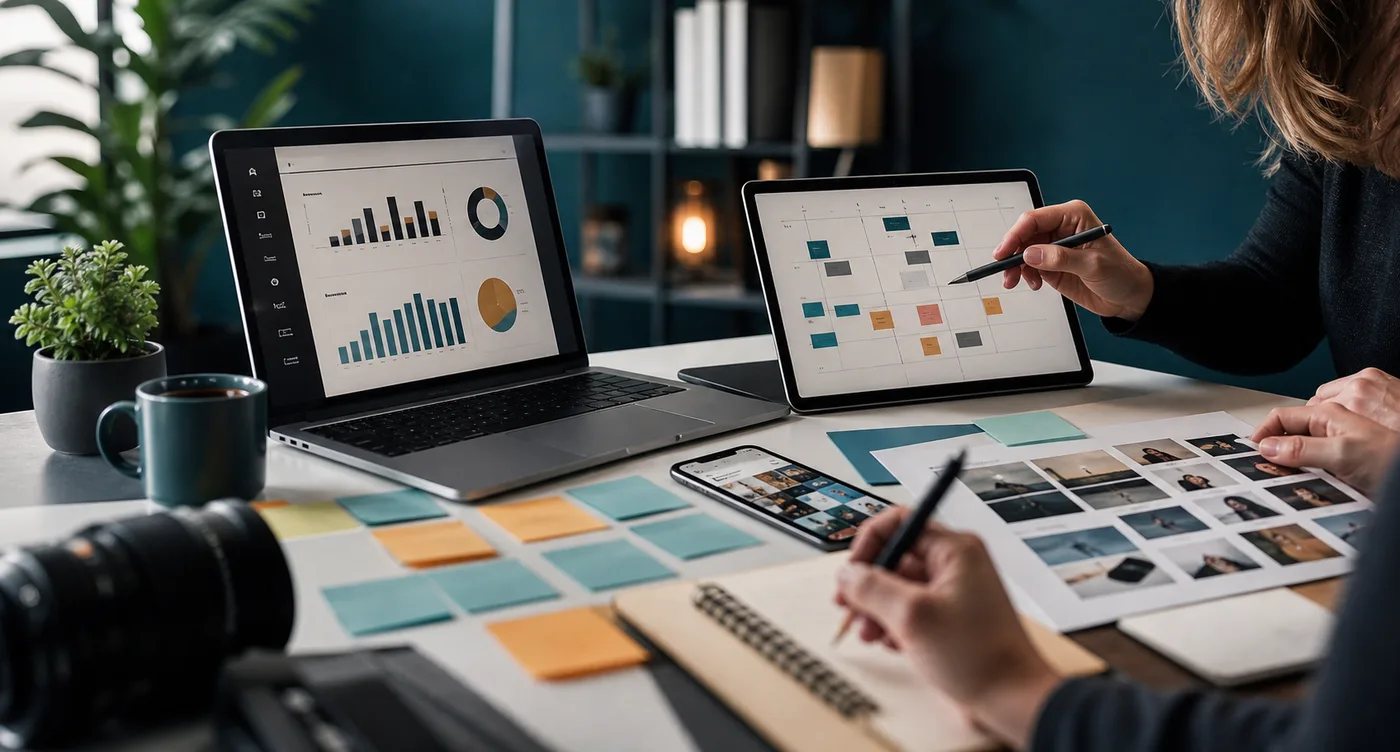 Digital growth workspace with analytics screens and content planning materials
