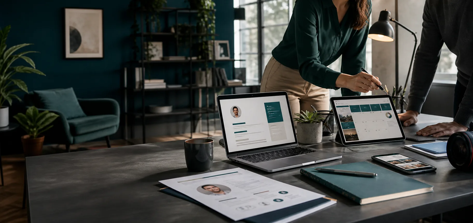 Consultancy workspace combining resume strategy, profile positioning, content planning, and digital growth screens